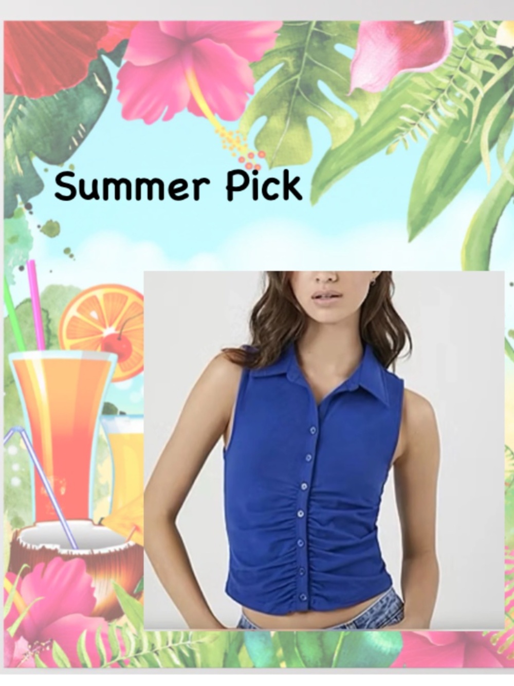 Forever 21 Sleeveless Ruched Button Down Crop Polo Tank/Royal Blue/Size Large